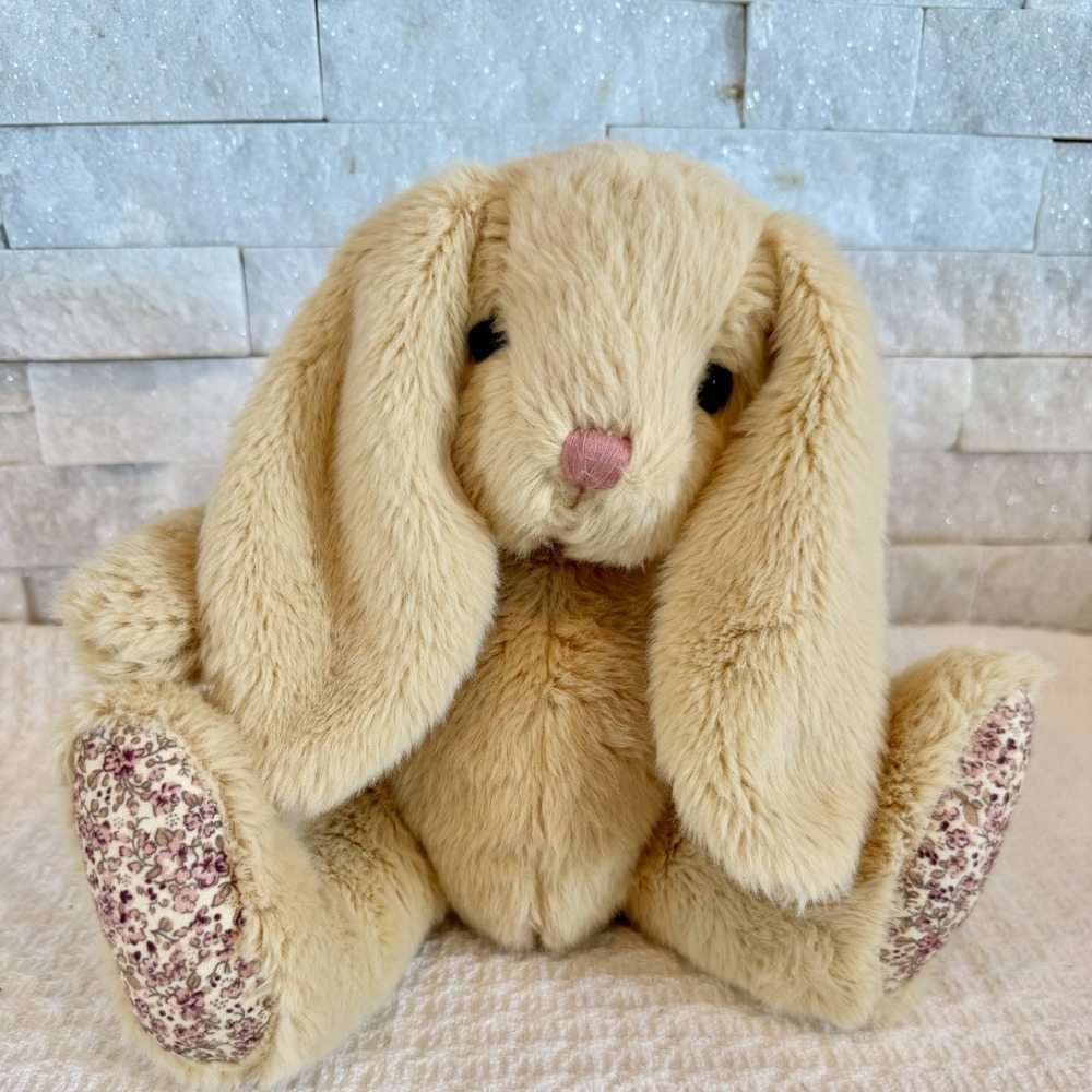 PIER 1 IMPORTS HOPPER SOFT PLUSH BUNNY BEIGE FLORAL 8X8"